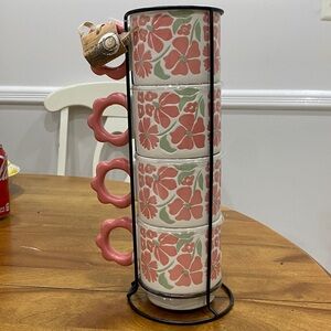 NWT.  Market Finds, set of 4, 12oz., ceramic, stackable mugs and display stand.